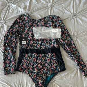Women’s Floral Long-Sleeve One-Piece Swimsuit - Black with Pink & Teal Flowers